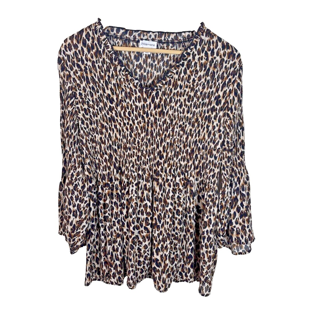 Chloe Rene Shirt Womens Sz M New Leopard Blouse‎ Pleated Lightweight Top